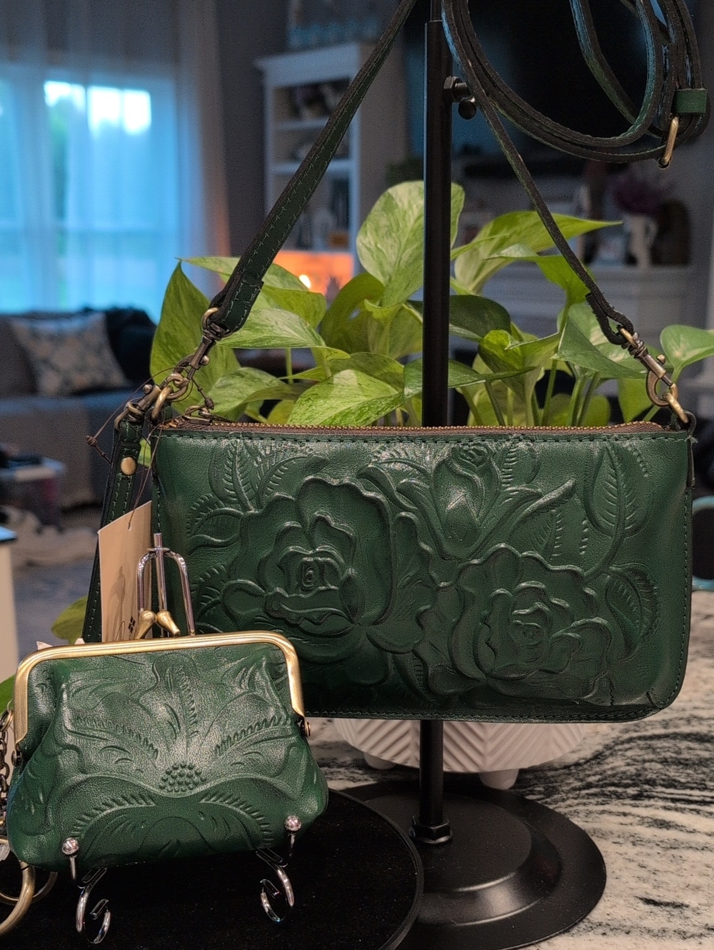 Patricia Nash Burnished Tooled Leather Crossbody Bag W/Matching Coin Key Pouch